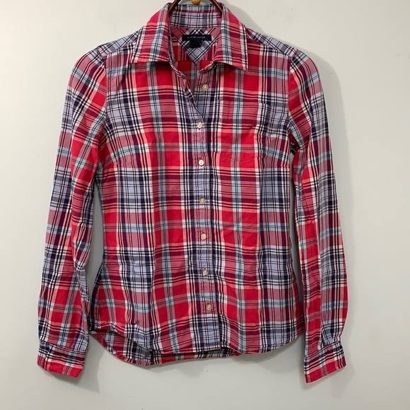 Tommy Hilfiger | Red White Blue Plaid Button Down Long Sleeve Collared Shirt XS - Picture 1 of 17